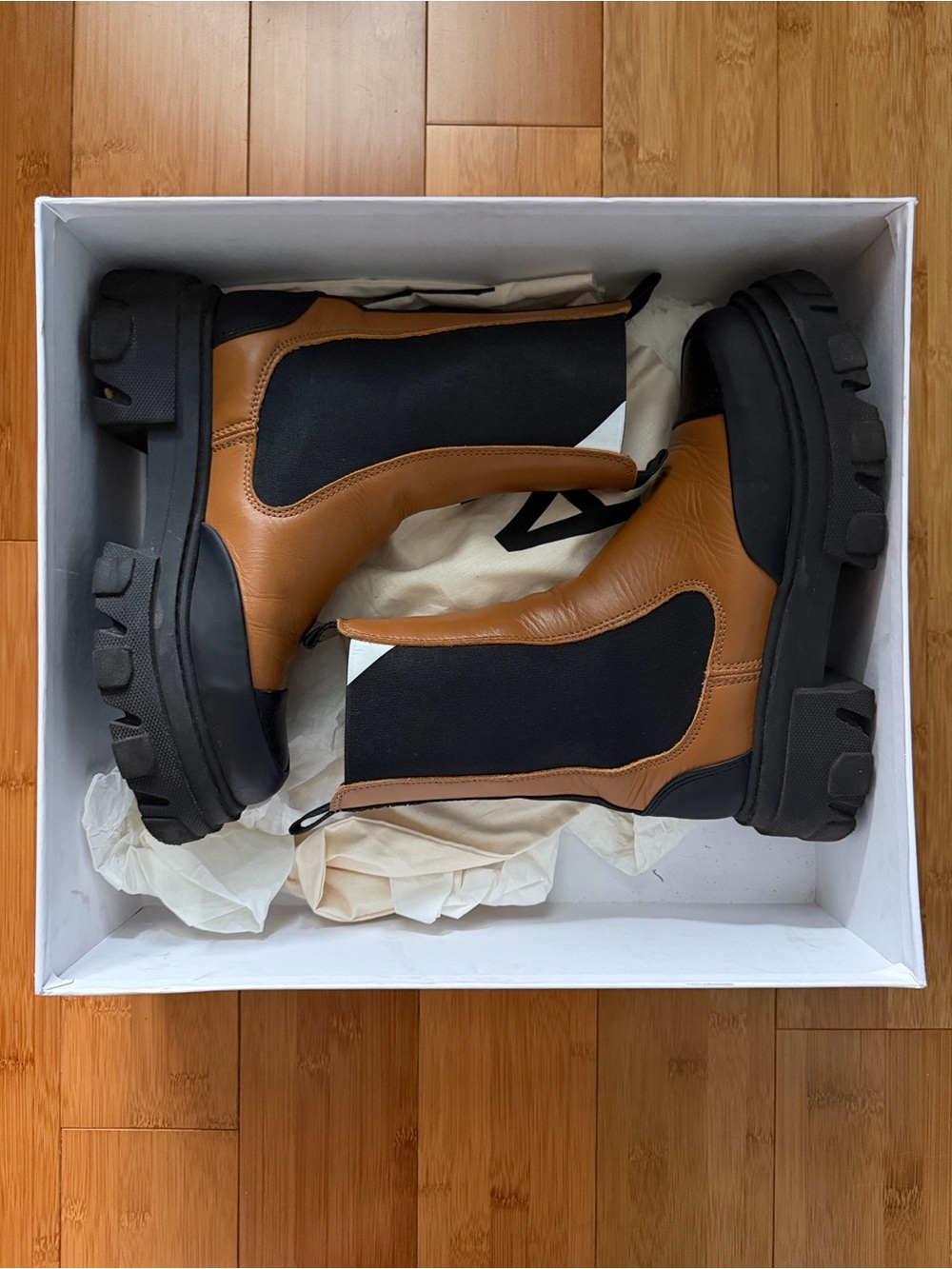 Ganni Cleated Mid Chelsea Boots in Cognac Size 37